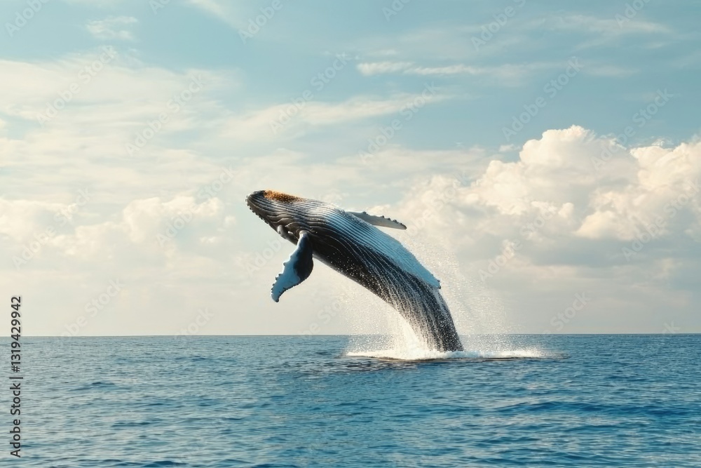 Obraz premium A whale breaching the surface of the ocean, with a splash of water and the powerful motion of its body launching into the air. 