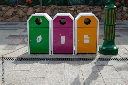 multi-colored bins for separate waste collection on the city street