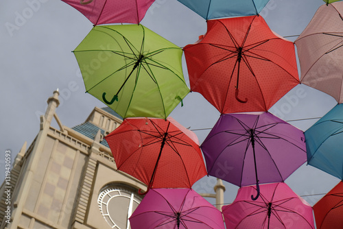 decor of hanging colorful umbrellas