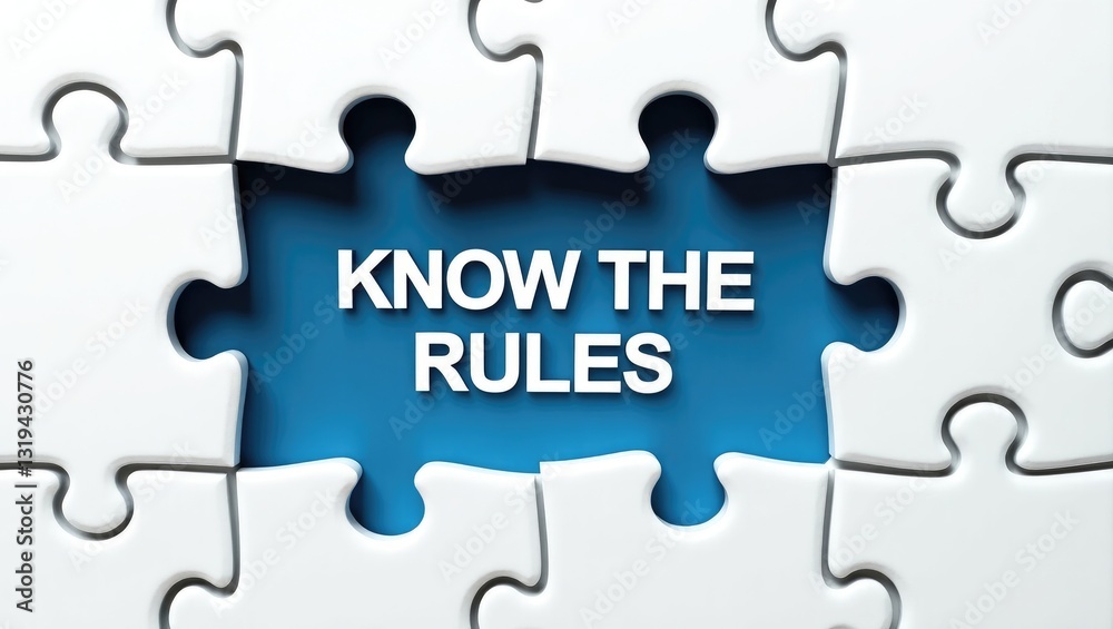 Know the rules icon. Conceptual words on a white puzzle. Stunning deep blue backdrop. Business and concept. Space for text. Know the rules icon. Conceptual words on a white puzzle. Stunning deep blue backdrop. Business and concept. Space for text.