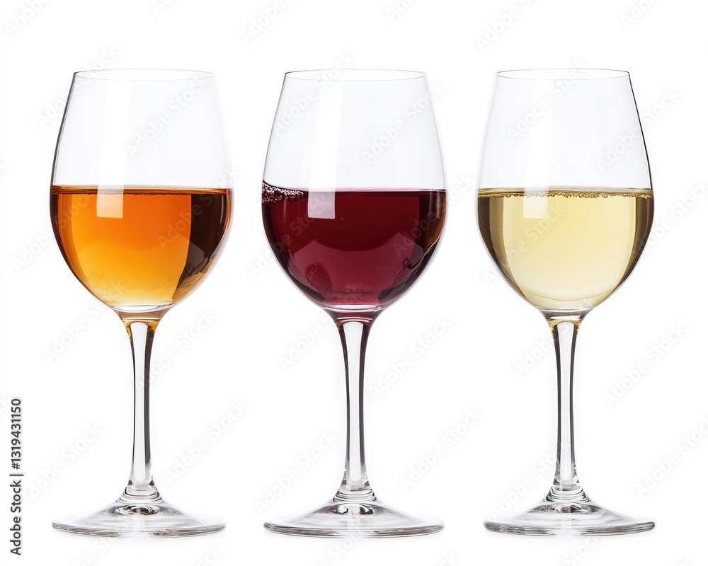 Trio of Wine Glasses Elegantly Displayed on a White Background Trio of Wine Glasses Elegantly Displayed on a White Background