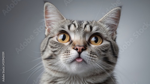 Doubtful innocent cat gazing upward, contemplating, surprised eyes in close-up. Amusing expression. Adorable cat looking upward, pondering an idea. Confused kitten in a thoughtful, dreamy portrait.