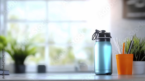blue stainless steel water bottle on desk with plants and stationery