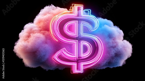 neon dollar sign in colorful cloud background for modern finance