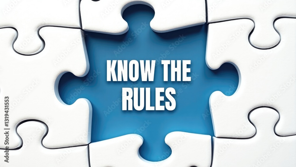 Know the rules emblem. Conceptual words on a white puzzle. Stunning deep blue backdrop. Business and concept. Blank space. Know the rules emblem. Conceptual words on a white puzzle. Stunning deep blue backdrop. Business and concept. Blank space.