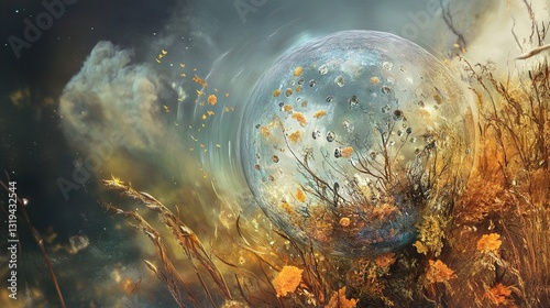 Surreal Autumn Dreamscape: Enchanting Sphere in a Field of Golden Flowers