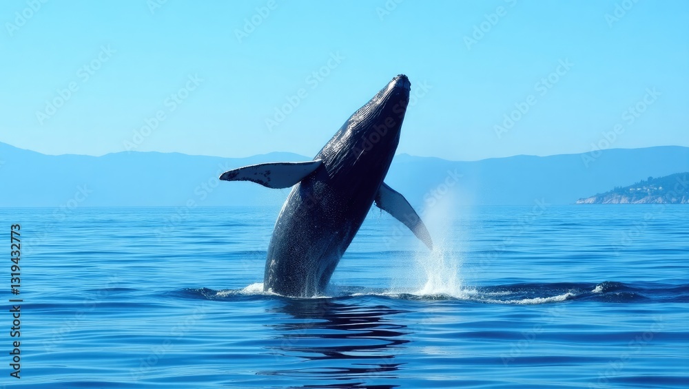 Fototapeta premium Humpback whale leaping in front of an ocean backdrop.