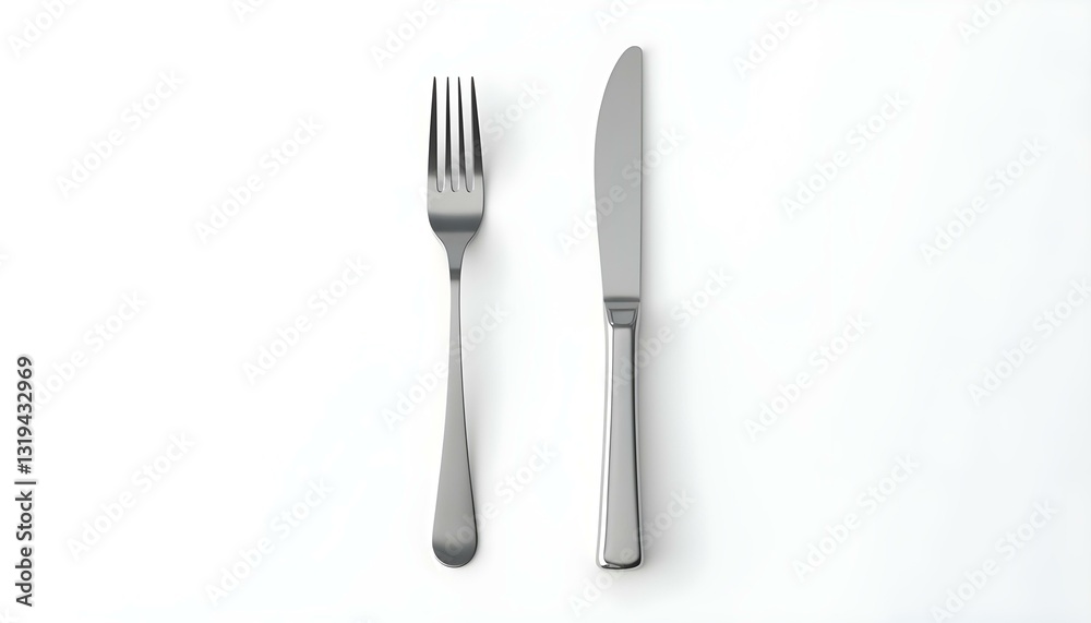 A high-angle, studio shot of a fork and knife set against a plain white background A high-angle, studio shot of a fork and knife set against a plain white background