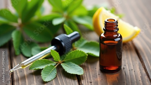 Lemon Verbena essential oil with leaves on a wooden surface. photo
