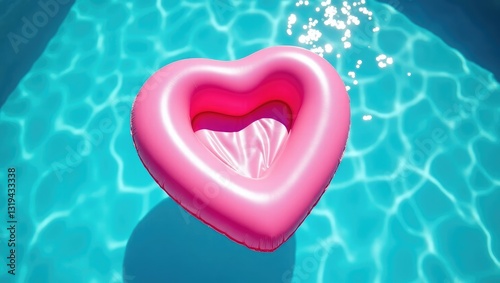 Inflatable rose heart buoy floating in the swimming pool seen from above