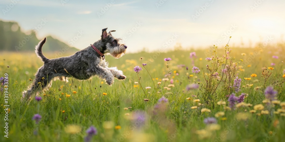 Energetic dog leaping through colorful wildflowers sunny meadow photography nature eye-level view joy of playfulness Energetic dog leaping through colorful wildflowers sunny meadow photography nature eye-level view joy of playfulness