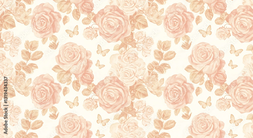 Repeating floral pattern featuring roses, blossoms, leaves, and butterflies - Delicate romance and vintage charm - For elegant wallpaper and textile design