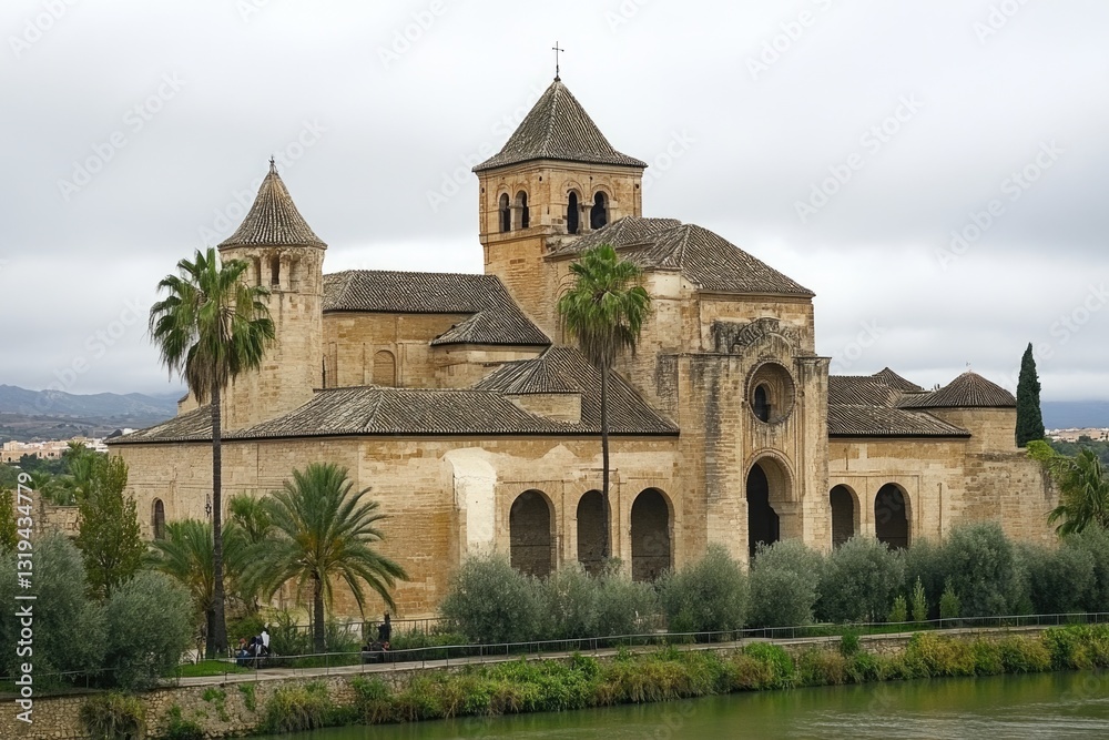 Fototapeta premium Historic Mezquita Cathedral in Cordoba, Spain: A Cultural and Medieval Marvel Overlooking the River