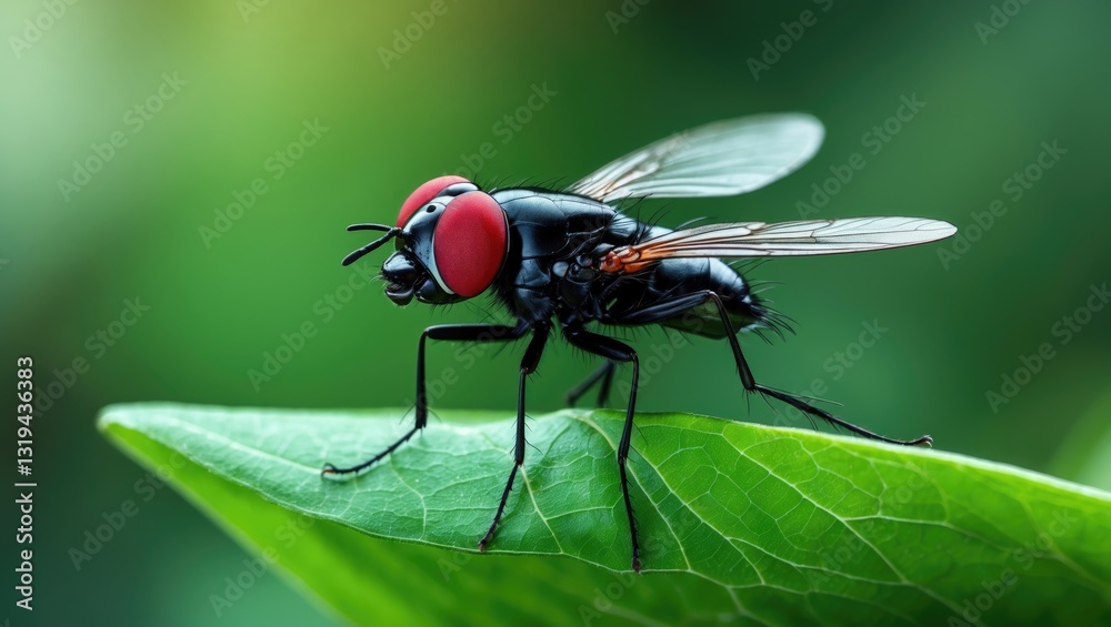 Insect fly with red eyes and thin wings resting on green leaves, this type is commonly observed flying in kitchens.