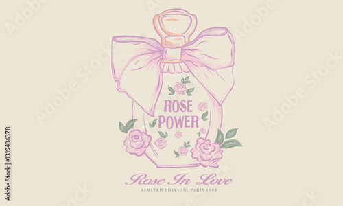 Perfume with rose flower design for t shirt print, poster, sticker, background and other. Bow and perfume bottle graphic design.