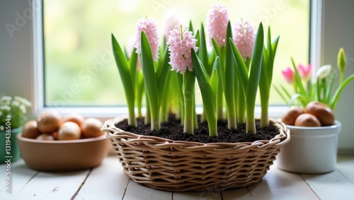 Hyacinths and tulips arranged in a basket for forced flowering on the windowsill.