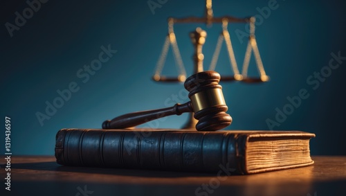 Legal Concept of Law. Gavel of a judge alongside a law book and scales of justice.