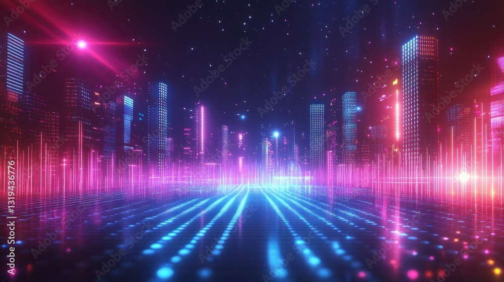 Retro inspired neon sound waves creating a dynamic urban landscape digital art nighttime futuristic vibe Retro inspired neon sound waves creating a dynamic urban landscape digital art nighttime futuristic vibe