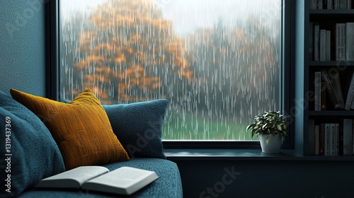 Cozy reading nook with window view rainy day scene living room relaxing atmosphere indoor comfort