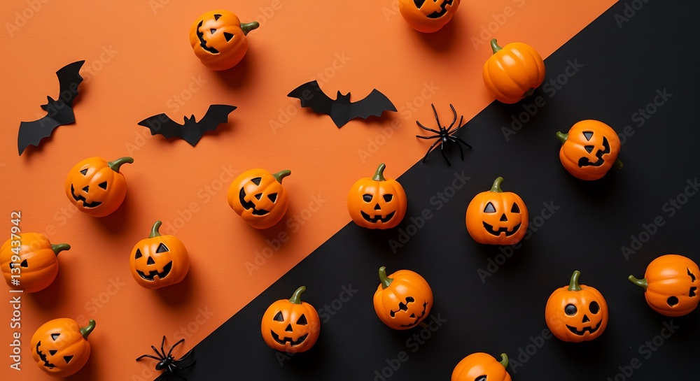 Naklejka premium Jack-o'-lanterns & Bat Cutouts - Festive Halloween Arrangement - Seasonal Greetings Card