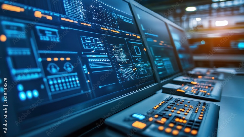 Fototapeta premium Futuristic Control Room: High-Tech Interface and Monitoring System