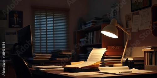 Dimly lit police office, desk lamp illuminates paperwork,  enforcement,  texture