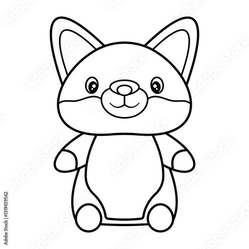 Cute Cartoon Fox Outline Vector Illustration. The fox has large, rounded ears with an inner ear design, big shiny eyes, and a small smiling mouth.