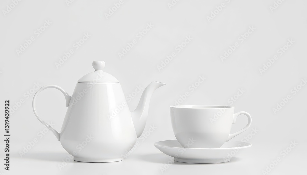 Elegant white teapot and teacup set against a minimalist backdrop , ceramic, tea ceremony Elegant white teapot and teacup set against a minimalist backdrop , ceramic, tea ceremony