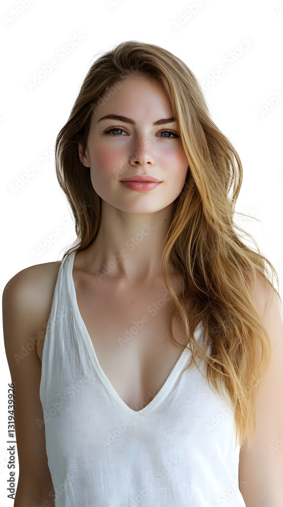 Confident young woman stands on a white background and looks directly into the camera / PNG Confident young woman stands on a white background and looks directly into the camera / PNG