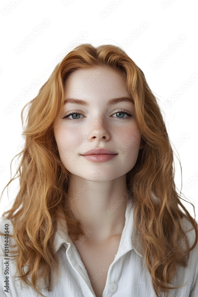 Confident young woman stands on a white background and looks directly into the camera / PNG Confident young woman stands on a white background and looks directly into the camera / PNG