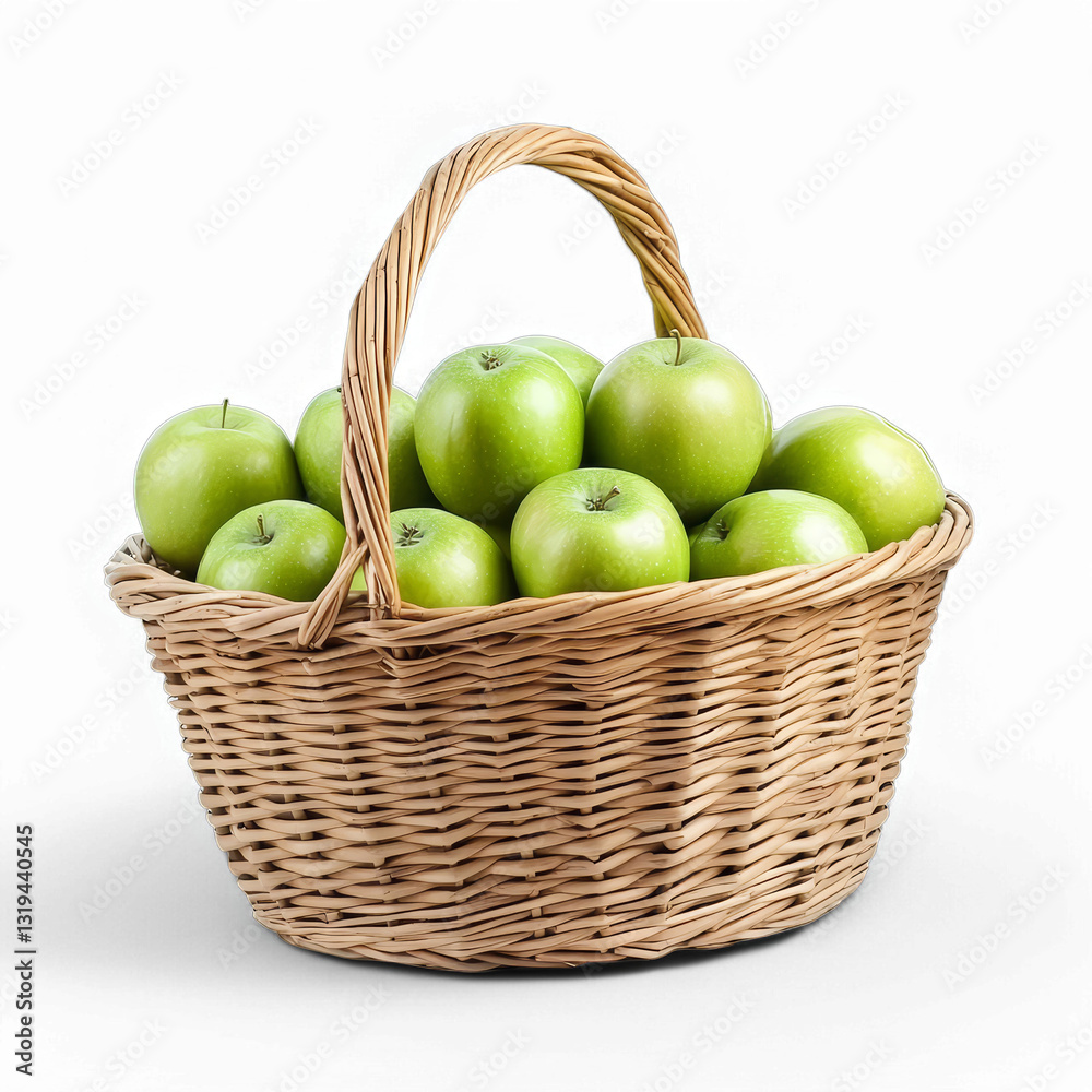 Wicker Basket of Fresh Green Apples Isolated on Transparent Background for Organic Fruit and Grocery Market Advertising Wicker Basket of Fresh Green Apples Isolated on Transparent Background for Organic Fruit and Grocery Market Advertising