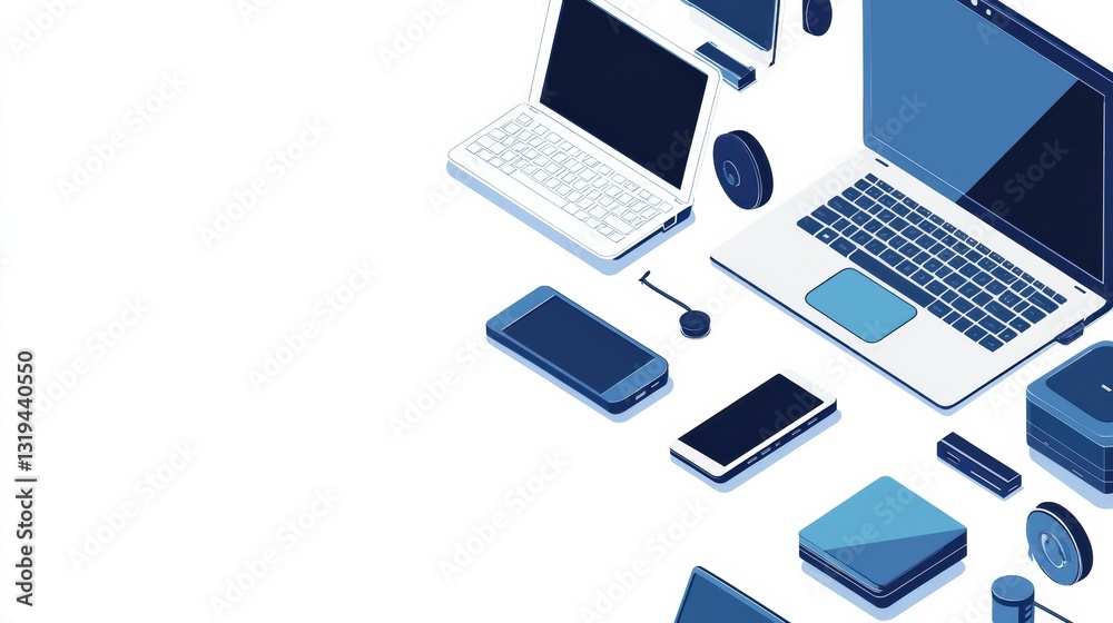 Innovative isometric icon design featuring computers laptops technology equipment and cloud storage solutions for modern tech services Innovative isometric icon design featuring computers laptops technology equipment and cloud storage solutions for modern tech services