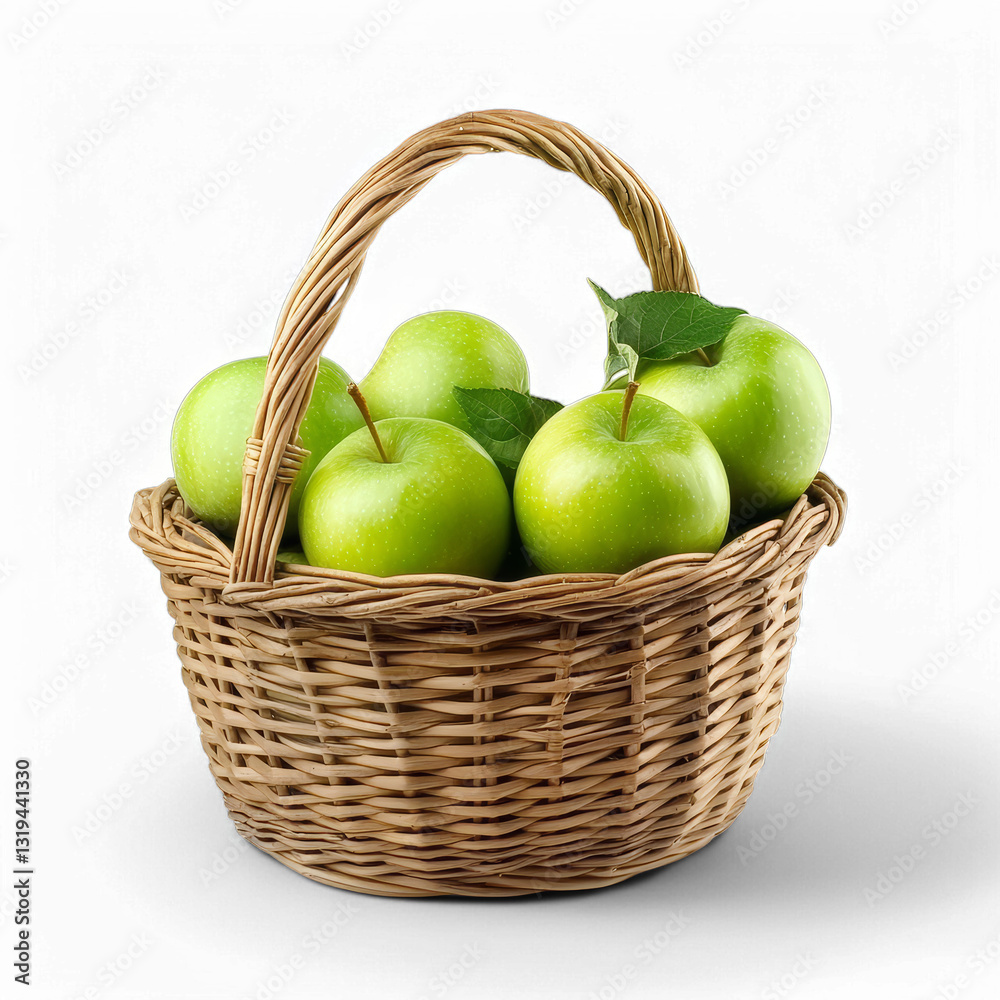 Wicker Basket of Fresh Green Apples Isolated on Transparent Background for Organic Fruit and Grocery Market Advertising Wicker Basket of Fresh Green Apples Isolated on Transparent Background for Organic Fruit and Grocery Market Advertising