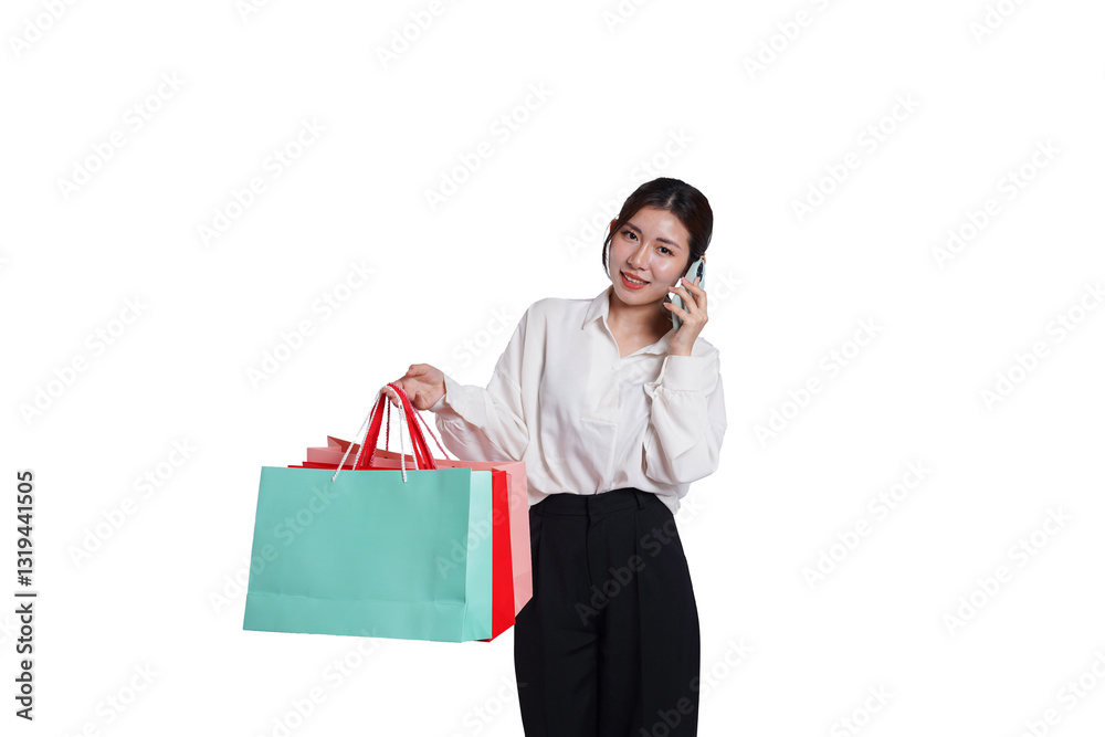 Portrait of young smiling asian woman casual clothes holding multicolored shopping bags on white background Portrait of young smiling asian woman casual clothes holding multicolored shopping bags on white background
