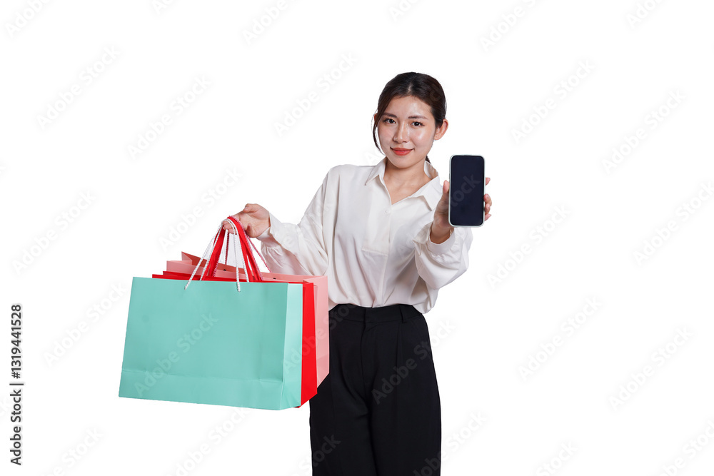 Portrait of young smiling asian woman casual clothes holding multicolored shopping bags on white background Portrait of young smiling asian woman casual clothes holding multicolored shopping bags on white background