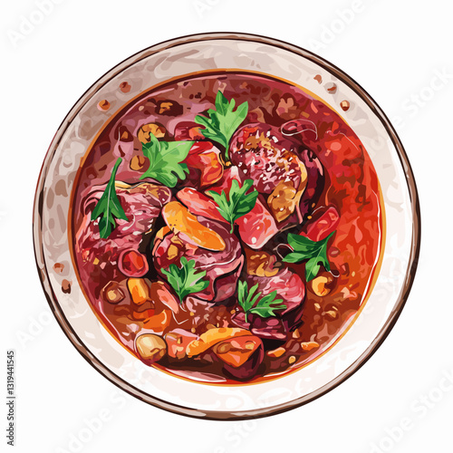 Watercolor Illustration of Beef Goulash with Vegetables