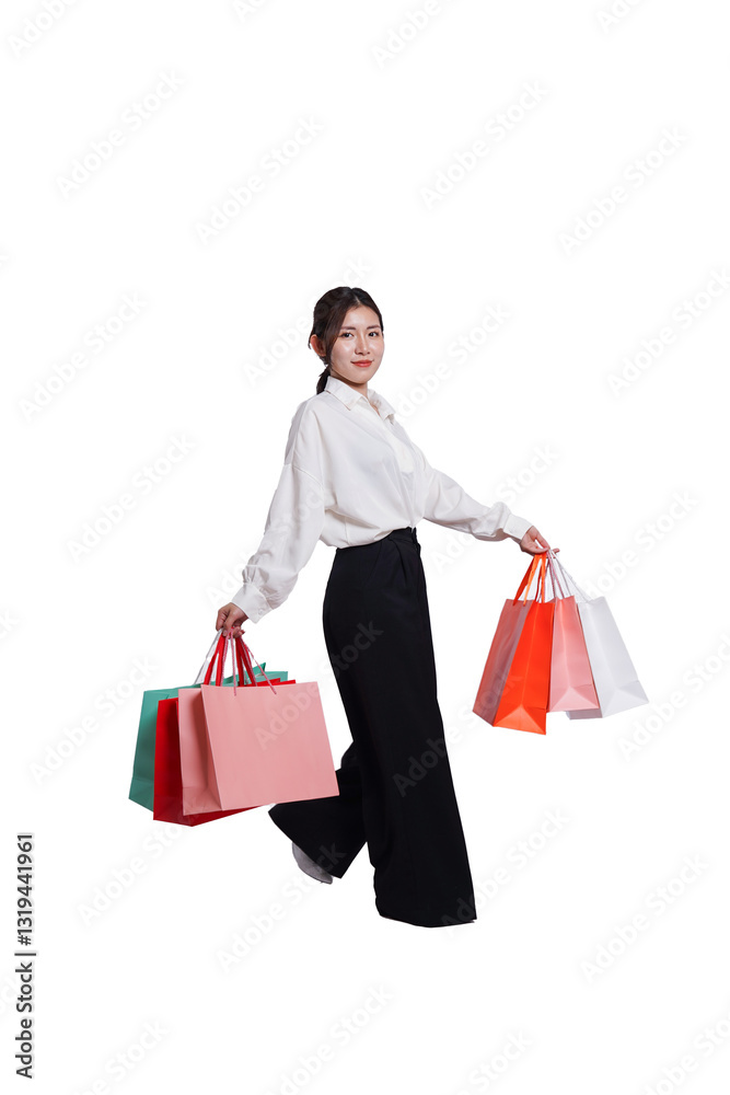 Portrait of young smiling asian woman casual clothes holding multicolored shopping bags on white background Portrait of young smiling asian woman casual clothes holding multicolored shopping bags on white background
