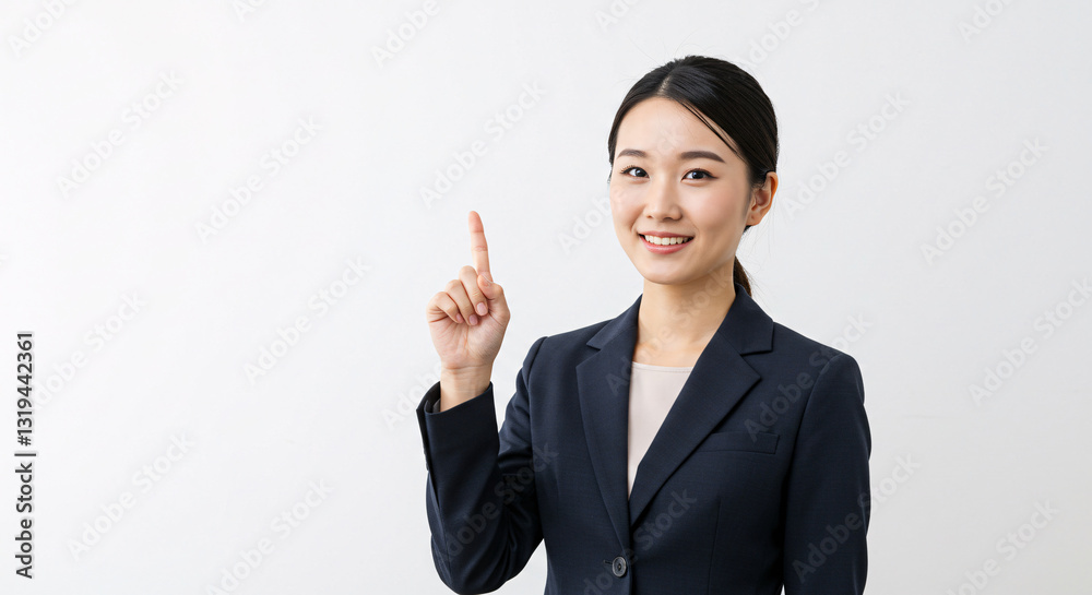 Smiling Young Businesswoman in Dark Suit Pointing Upward Against White Background Smiling Young Businesswoman in Dark Suit Pointing Upward Against White Background