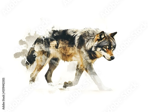 Ethereal Watercolor Wolf in Mysterious Wilderness with Soft Washes and Enigmatic Tones