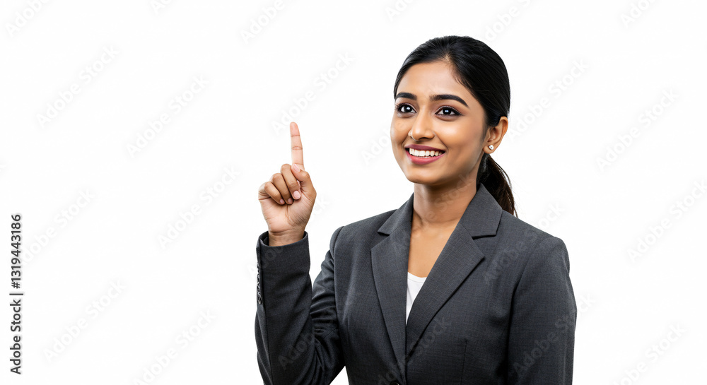 Smiling Young Businesswoman in Grey Suit Gesturing an Idea Against White Background Smiling Young Businesswoman in Grey Suit Gesturing an Idea Against White Background