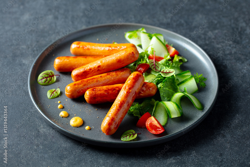 Roast sausages with vegetable salad on a plate. Dark background. Close up. Roast sausages with vegetable salad on a plate. Dark background. Close up.