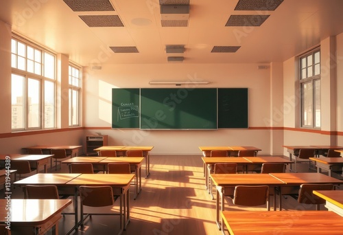 Wallpaper Mural Golden sunlight floods empty classroom; desks, chalkboard, large windows gleam,  geometric, school Torontodigital.ca
