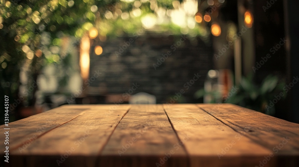 Bathed in soft evening light, a brown wooden table stands empty amidst lush greenery, evoking a sense of calm and potential for gatherings or quiet reflection at dusk Bathed in soft evening light, a brown wooden table stands empty amidst lush greenery, evoking a sense of calm and potential for gatherings or quiet reflection at dusk