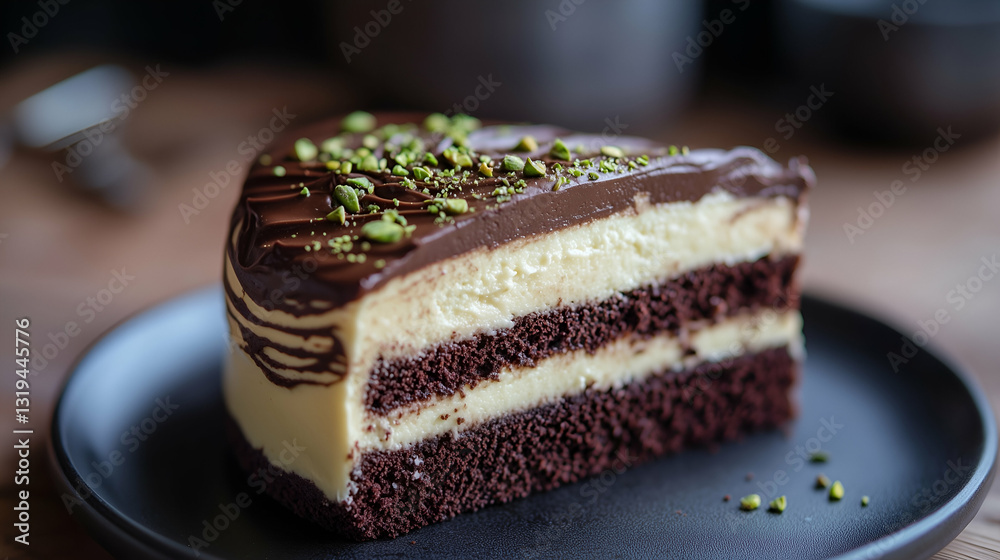 Chocolate and vanilla layered cake with pistachios