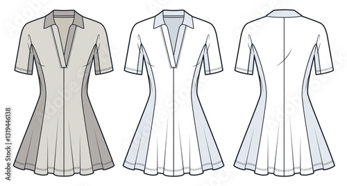 Polo Dress Technical Fashion Illustration. Jersey mini Dress fashion flat technical drawing template, v neck, short sleeves, slim fit, front and back view, white, beige, women CAD mockup set.