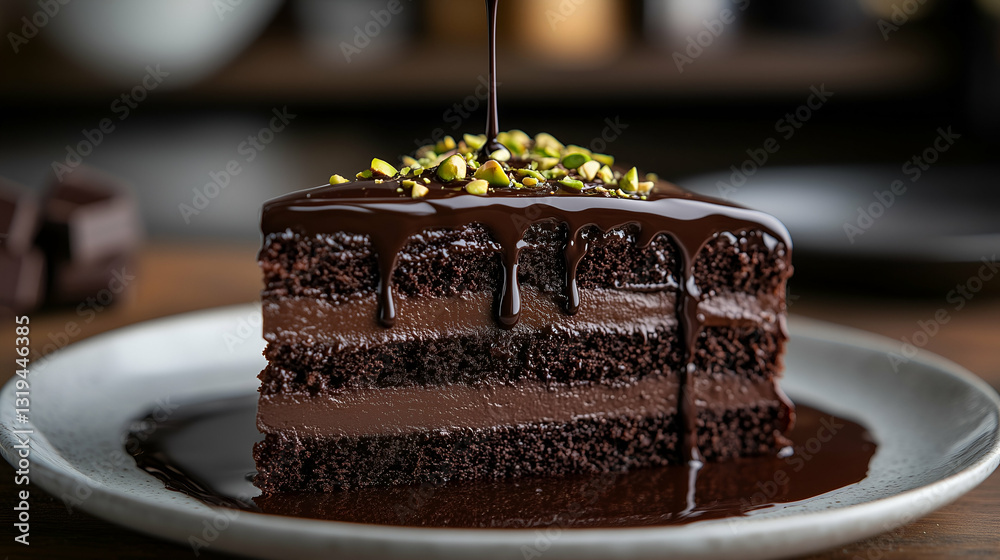 Chocolate ganache cake with pistachios