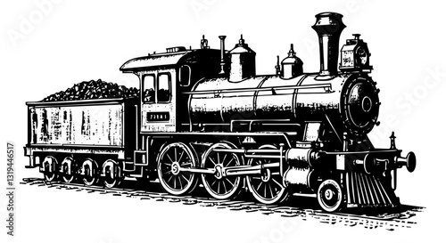 train on railroad sketch engraving black and white outline. Scratch board imitation.  illustrated in vintage line art style on a white background.
