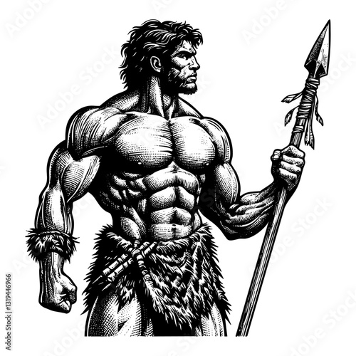 Caveman sketch engraving black and white outline. Scratch board imitation.
