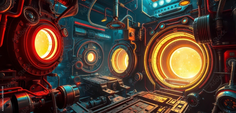 Intricate machinery hums, glowing portals shimmer between dimensional planes, machine, universe