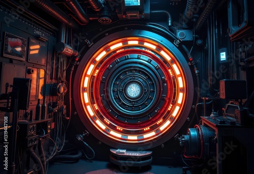 Intricate machinery hums, glowing portal shimmers in a dark lab, nebula, space